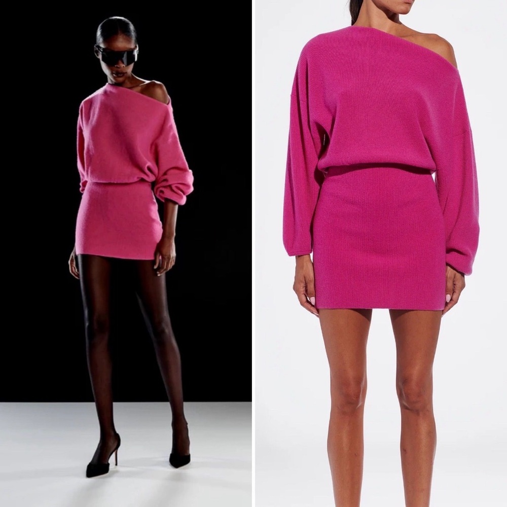 The Sei Wool Blend Off-Shoulder Fuchsia Knit Mini Dress